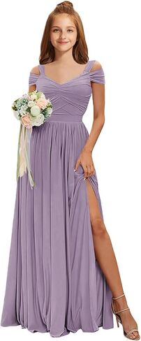 Junior Bridesmaid Dresses Off The Shoulder Chiffon Flower Girl Dress for Teens Pleated Long Girls Formal Dress with Slit in Saudi Arabia