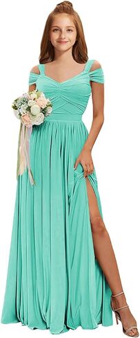 Junior Bridesmaid Dresses Off The Shoulder Chiffon Flower Girl Dress for Teens Pleated Long Girls Formal Dress with Slit in Saudi Arabia