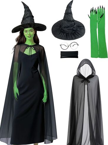 Halloween Elphaba Costume for Women, 4 Piece Witch Costume Set Halloween Hat Cape Glasses Gloves Accessories in Saudi Arabia