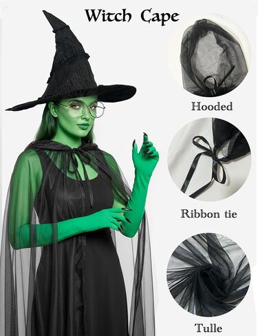Halloween Elphaba Costume for Women, 4 Piece Witch Costume Set Halloween Hat Cape Glasses Gloves Accessories in Saudi Arabia