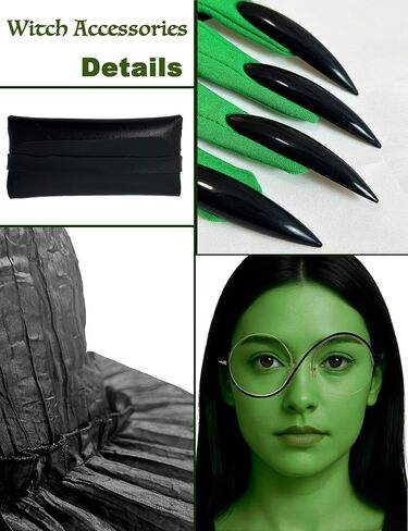 Halloween Elphaba Costume for Women, 4 Piece Witch Costume Set Halloween Hat Cape Glasses Gloves Accessories in Saudi Arabia