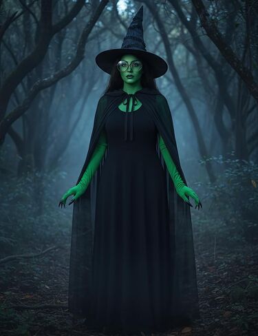 Halloween Elphaba Costume for Women, 4 Piece Witch Costume Set Halloween Hat Cape Glasses Gloves Accessories in Saudi Arabia