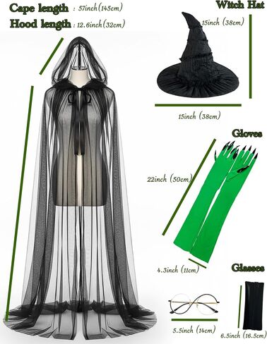 Halloween Elphaba Costume for Women, 4 Piece Witch Costume Set Halloween Hat Cape Glasses Gloves Accessories in Saudi Arabia