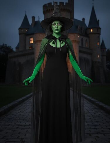 Halloween Elphaba Costume for Women, 4 Piece Witch Costume Set Halloween Hat Cape Glasses Gloves Accessories in Saudi Arabia