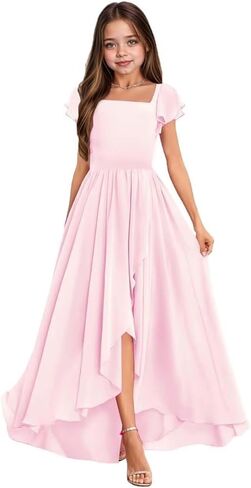 Junior Bridesmaid Dresses Short Sleeves Square Neck Girls Formal Dress Chiffon Flower Girl Dress for Wedding in Saudi Arabia