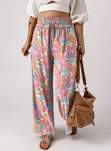 Casual Floral Smocked High Waist Loose Drawstring Pants with Pockets in Saudi Arabia