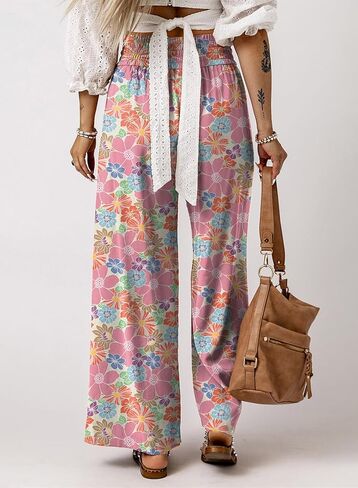 Casual Floral Smocked High Waist Loose Drawstring Pants with Pockets in Saudi Arabia