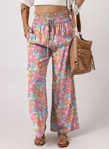 Casual Floral Smocked High Waist Loose Drawstring Pants with Pockets in Saudi Arabia
