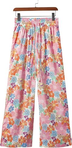 Casual Floral Smocked High Waist Loose Drawstring Pants with Pockets in Saudi Arabia