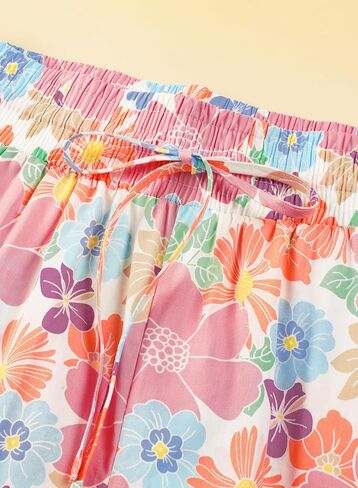 Casual Floral Smocked High Waist Loose Drawstring Pants with Pockets in Saudi Arabia