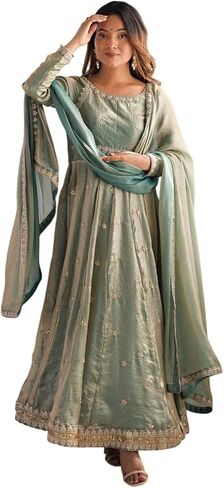 DONE WITH LOVE Women's Fandy Silk Coding with Sequnce work Long Anarkali Kurti Gown With Dupatta (Green-XL) in Saudi Arabia