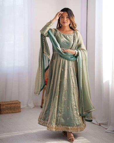 DONE WITH LOVE Women's Fandy Silk Coding with Sequnce work Long Anarkali Kurti Gown With Dupatta (Green-XL) in Saudi Arabia
