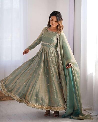 DONE WITH LOVE Women's Fandy Silk Coding with Sequnce work Long Anarkali Kurti Gown With Dupatta (Green-XL) in Saudi Arabia