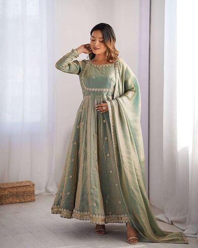 DONE WITH LOVE Women's Fandy Silk Coding with Sequnce work Long Anarkali Kurti Gown With Dupatta (Green-XL) in Saudi Arabia