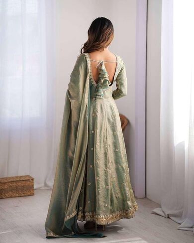 DONE WITH LOVE Women's Fandy Silk Coding with Sequnce work Long Anarkali Kurti Gown With Dupatta (Green-XL) in Saudi Arabia