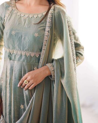 DONE WITH LOVE Women's Fandy Silk Coding with Sequnce work Long Anarkali Kurti Gown With Dupatta (Green-XL) in Saudi Arabia