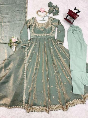 DONE WITH LOVE Women's Fandy Silk Coding with Sequnce work Long Anarkali Kurti Gown With Dupatta (Green-XL) in Saudi Arabia