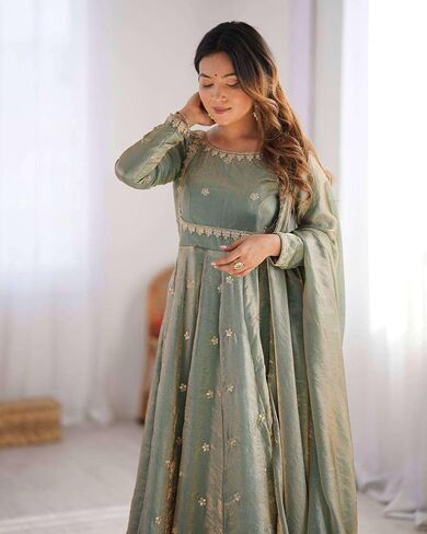 DONE WITH LOVE Women's Fandy Silk Coding with Sequnce work Long Anarkali Kurti Gown With Dupatta (Green-XL) in Saudi Arabia