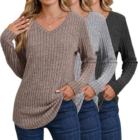 3 Pack Women's Long Sleeve Sweaters V Neck Curved Hem Tunic Tops Loose Fit Casual Basic Fall Sweaters Shirts in Saudi Arabia