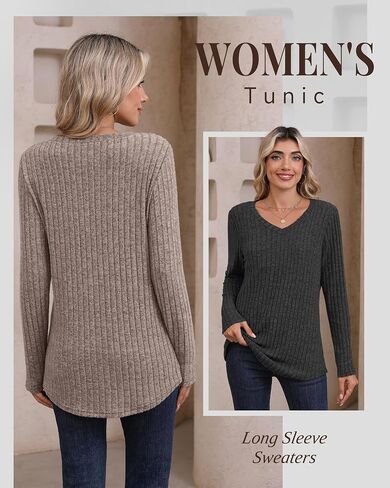 3 Pack Women's Long Sleeve Sweaters V Neck Curved Hem Tunic Tops Loose Fit Casual Basic Fall Sweaters Shirts in Saudi Arabia