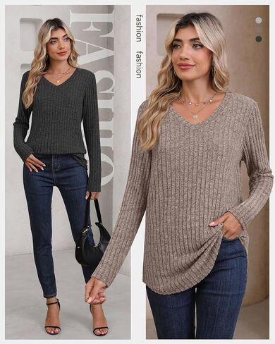 3 Pack Women's Long Sleeve Sweaters V Neck Curved Hem Tunic Tops Loose Fit Casual Basic Fall Sweaters Shirts in Saudi Arabia