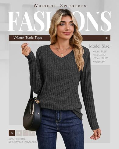 3 Pack Women's Long Sleeve Sweaters V Neck Curved Hem Tunic Tops Loose Fit Casual Basic Fall Sweaters Shirts in Saudi Arabia