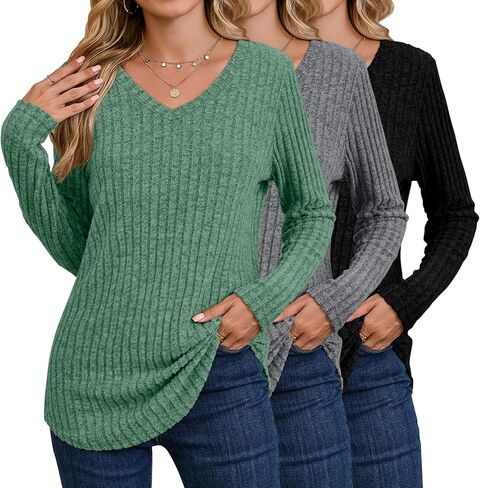 3 Pack Women's Long Sleeve Sweaters V Neck Curved Hem Tunic Tops Loose Fit Casual Basic Fall Sweaters Shirts in Saudi Arabia