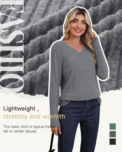 3 Pack Women's Long Sleeve Sweaters V Neck Curved Hem Tunic Tops Loose Fit Casual Basic Fall Sweaters Shirts in Saudi Arabia