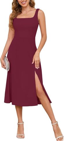 Gardenwed Women’s Square Neck Midi Cocktail Dress A Line 2025 Fall Sleeveless Slit Formal Wedding Guest Dresses in Kuwait