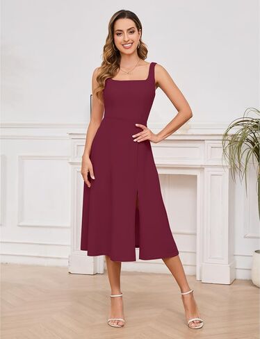 Gardenwed Women’s Square Neck Midi Cocktail Dress A Line 2025 Fall Sleeveless Slit Formal Wedding Guest Dresses in Kuwait