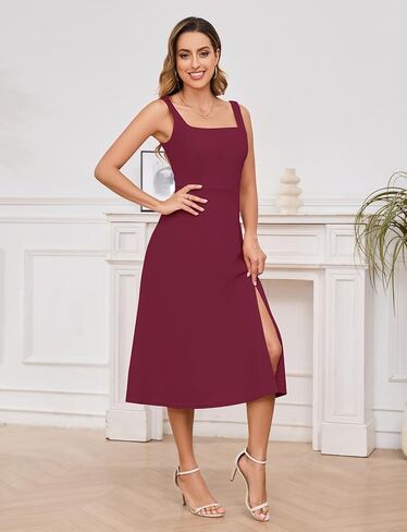 Gardenwed Women’s Square Neck Midi Cocktail Dress A Line 2025 Fall Sleeveless Slit Formal Wedding Guest Dresses in Kuwait
