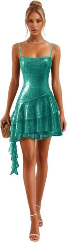 Fashionbride Sparkly Sequin Tiered Homecoming Dresses 2025 Spaghetti Straps Short Ruffle Mini Cocktail Party Gown AP85 in Saudi Arabia