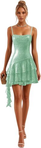 Fashionbride Sparkly Sequin Tiered Homecoming Dresses 2025 Spaghetti Straps Short Ruffle Mini Cocktail Party Gown AP85 in Saudi Arabia