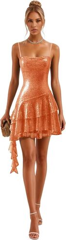Fashionbride Sparkly Sequin Tiered Homecoming Dresses 2025 Spaghetti Straps Short Ruffle Mini Cocktail Party Gown AP85 in Saudi Arabia