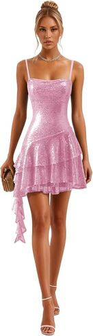 Fashionbride Sparkly Sequin Tiered Homecoming Dresses 2025 Spaghetti Straps Short Ruffle Mini Cocktail Party Gown AP85 in Saudi Arabia