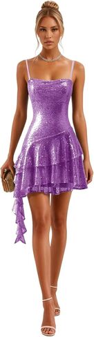 Fashionbride Sparkly Sequin Tiered Homecoming Dresses 2025 Spaghetti Straps Short Ruffle Mini Cocktail Party Gown AP85 in Saudi Arabia