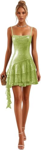 Fashionbride Sparkly Sequin Tiered Homecoming Dresses 2025 Spaghetti Straps Short Ruffle Mini Cocktail Party Gown AP85 in Saudi Arabia