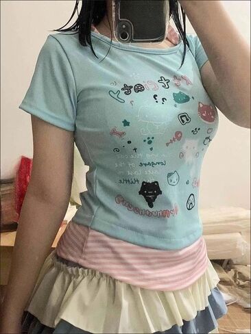 Kawaii Cutecore Harajuku Y2k 2000s بلايز الصيف Preppy الجمالية Alt Goth Emo كم قصير جرافيك تي شيرت in Kuwait