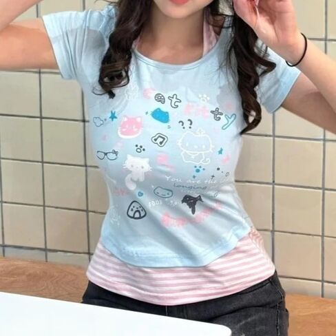 Kawaii Cutecore Harajuku Y2k 2000s بلايز الصيف Preppy الجمالية Alt Goth Emo كم قصير جرافيك تي شيرت in Kuwait