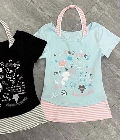 Kawaii Cutecore Harajuku Y2k 2000s بلايز الصيف Preppy الجمالية Alt Goth Emo كم قصير جرافيك تي شيرت in Kuwait
