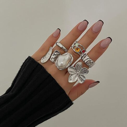 6 قطع خواتم ذهبية مكتنزة للنساء حلقات ذهبية/فضية قابلة للتعديل مجموعة خواتم قبة مكتنزة أنيقة على شكل قبة باروكية على شكل زهرة اللؤلؤ وحلقات قابلة للتكديس مجموعة مجوهرات عصرية للنساء in Kuwait
