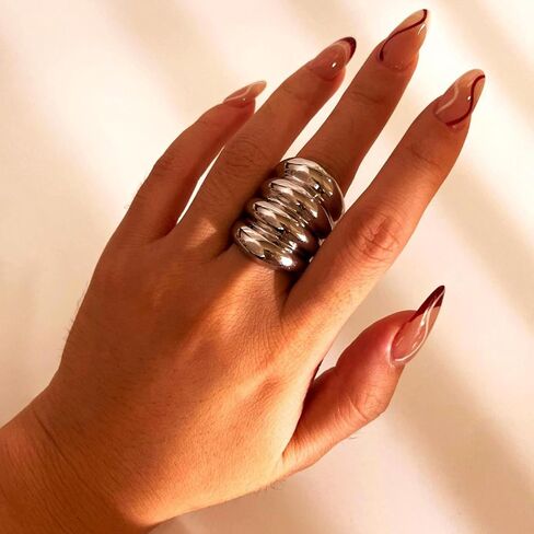 Kokoma Long Chunky Statement Ring for Women Stainless Steel Thick Dome Finger Band Layered Stackable Rings Geometric Ring Fashion Jewelry in Saudi Arabia