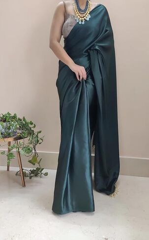 Ready to Wear Satin Silk Saree with Pearl Work & Un-stitch Blouse, Wedding Partywear Designer 1 Minute Saree in Saudi Arabia