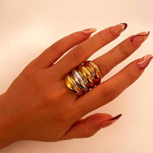 Kokoma Long Chunky Statement Ring for Women Stainless Steel Thick Dome Finger Band Layered Stackable Rings Geometric Ring Fashion Jewelry in Saudi Arabia