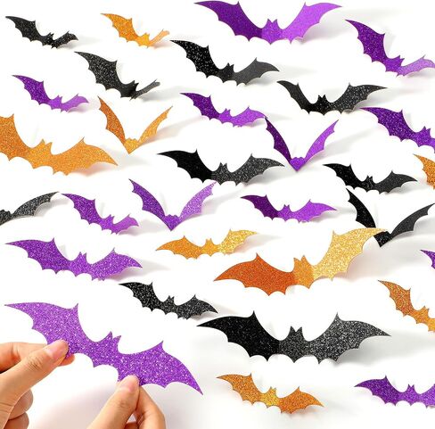 Cholemy 144 Pcs Halloween bat Wall Stickers 3D Glitter Hanging Bats Halloween Decoration 4 Different Sizes with Adhesive Dots for Wall Door Patio Indoor Party Decor (Black, Rose Red, Pink) in Saudi Arabia