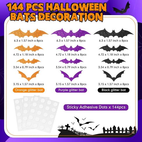 Cholemy 144 Pcs Halloween bat Wall Stickers 3D Glitter Hanging Bats Halloween Decoration 4 Different Sizes with Adhesive Dots for Wall Door Patio Indoor Party Decor (Black, Rose Red, Pink) in Saudi Arabia