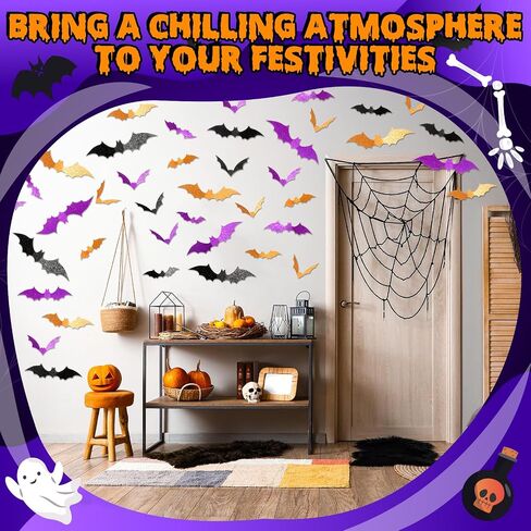 Cholemy 144 Pcs Halloween bat Wall Stickers 3D Glitter Hanging Bats Halloween Decoration 4 Different Sizes with Adhesive Dots for Wall Door Patio Indoor Party Decor (Black, Rose Red, Pink) in Saudi Arabia
