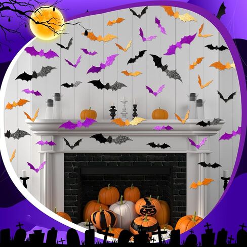Cholemy 144 Pcs Halloween bat Wall Stickers 3D Glitter Hanging Bats Halloween Decoration 4 Different Sizes with Adhesive Dots for Wall Door Patio Indoor Party Decor (Black, Rose Red, Pink) in Saudi Arabia