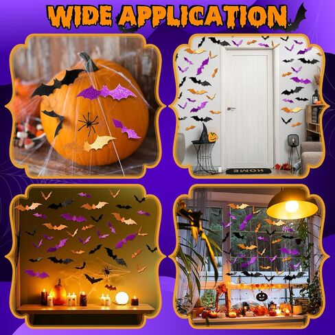 Cholemy 144 Pcs Halloween bat Wall Stickers 3D Glitter Hanging Bats Halloween Decoration 4 Different Sizes with Adhesive Dots for Wall Door Patio Indoor Party Decor (Black, Rose Red, Pink) in Saudi Arabia