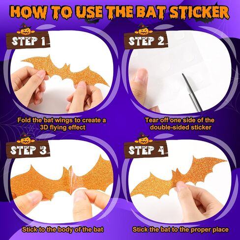 Cholemy 144 Pcs Halloween bat Wall Stickers 3D Glitter Hanging Bats Halloween Decoration 4 Different Sizes with Adhesive Dots for Wall Door Patio Indoor Party Decor (Black, Rose Red, Pink) in Saudi Arabia